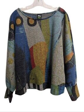 Pure Essence Geometric Knit Shirt Artsy All Over Print Colorful Size XL